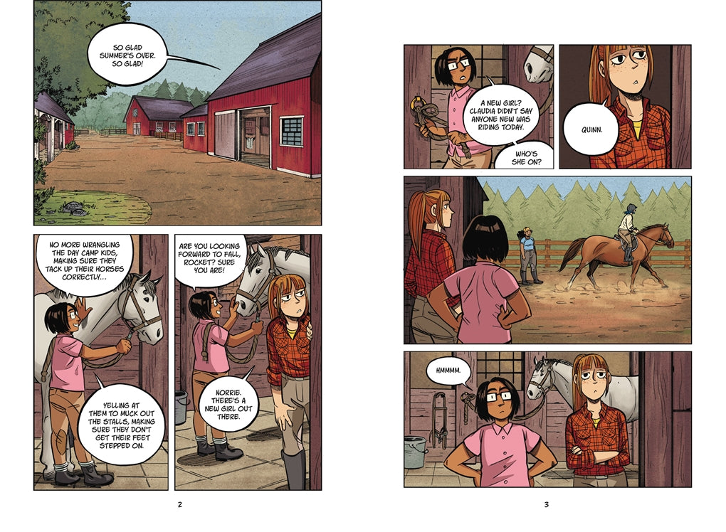 Ride On graphic novel pages showing two girls interacting near horses at a stable in a friendly countryside setting.