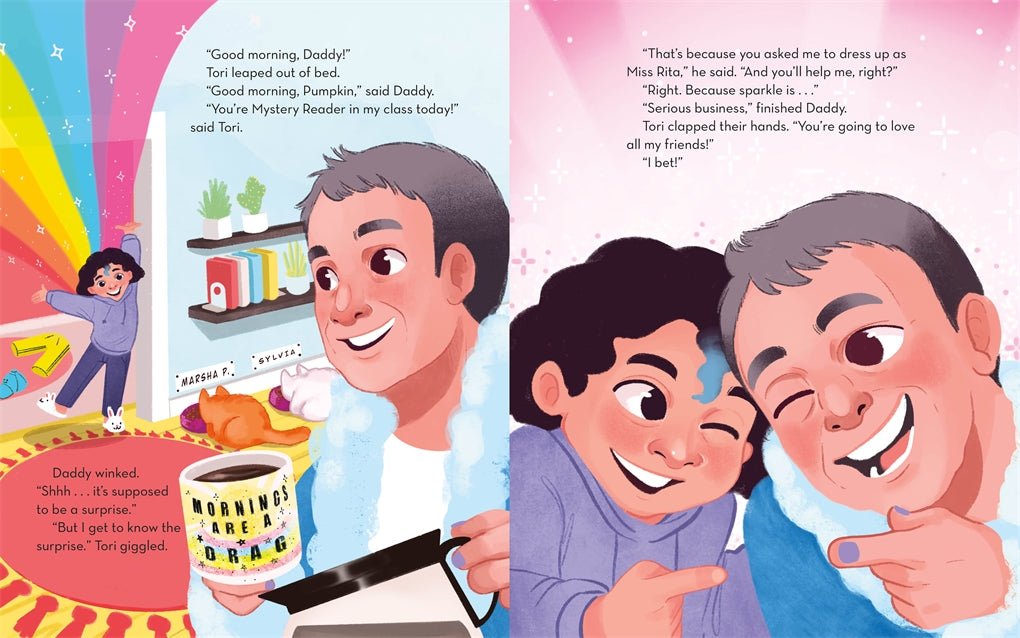 Illustration from Miss Rita, Mystery Reader showing Daddy and Tori preparing for storytime with bright rainbow colors.