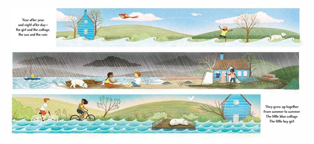 Illustration from Little Blue Cottage showing a girl and cottage through seasons of sun, rain, and growing years by the water.