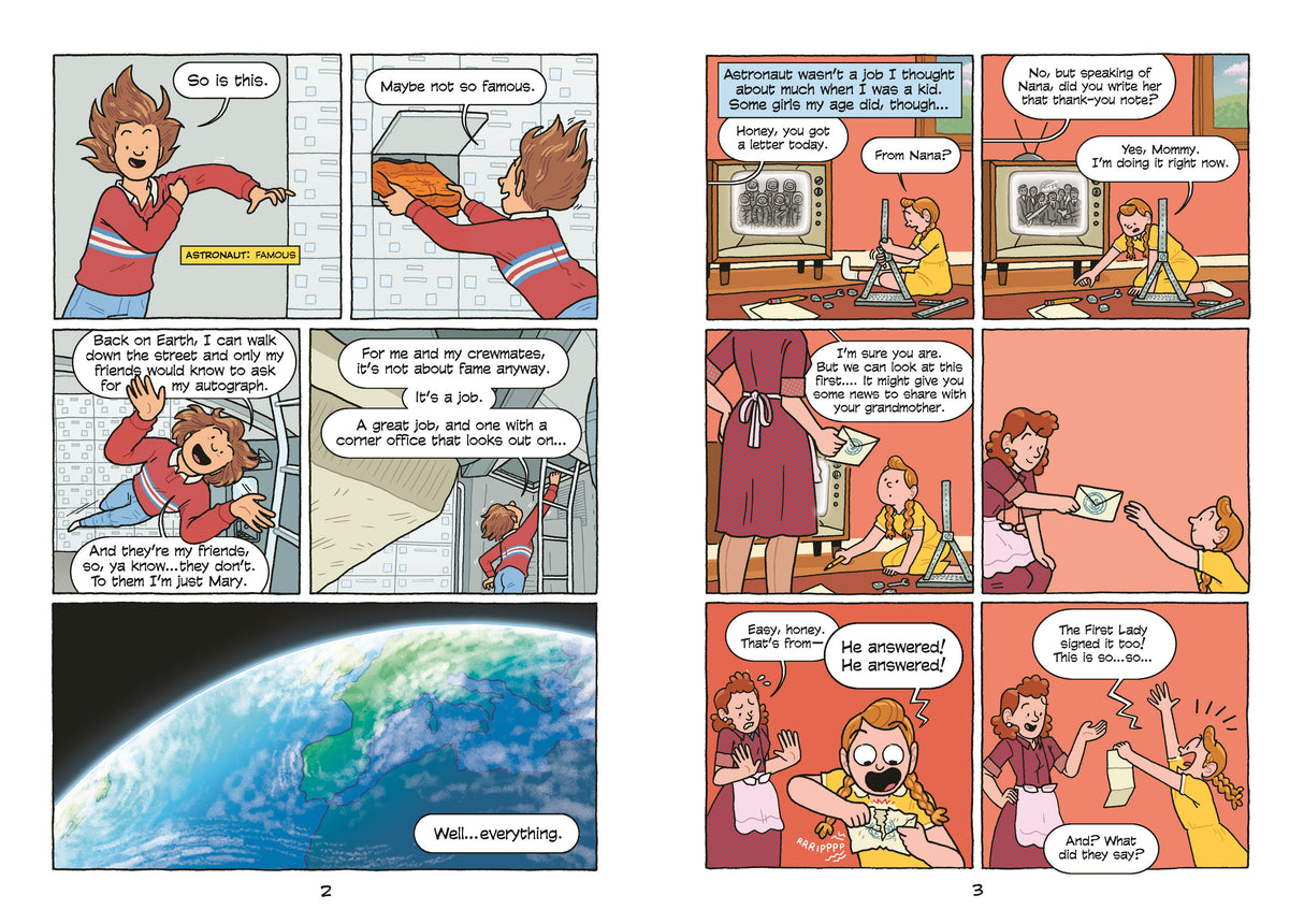 Pages from the graphic novel Astronauts showing women astronauts' humor and achievements in space exploration.