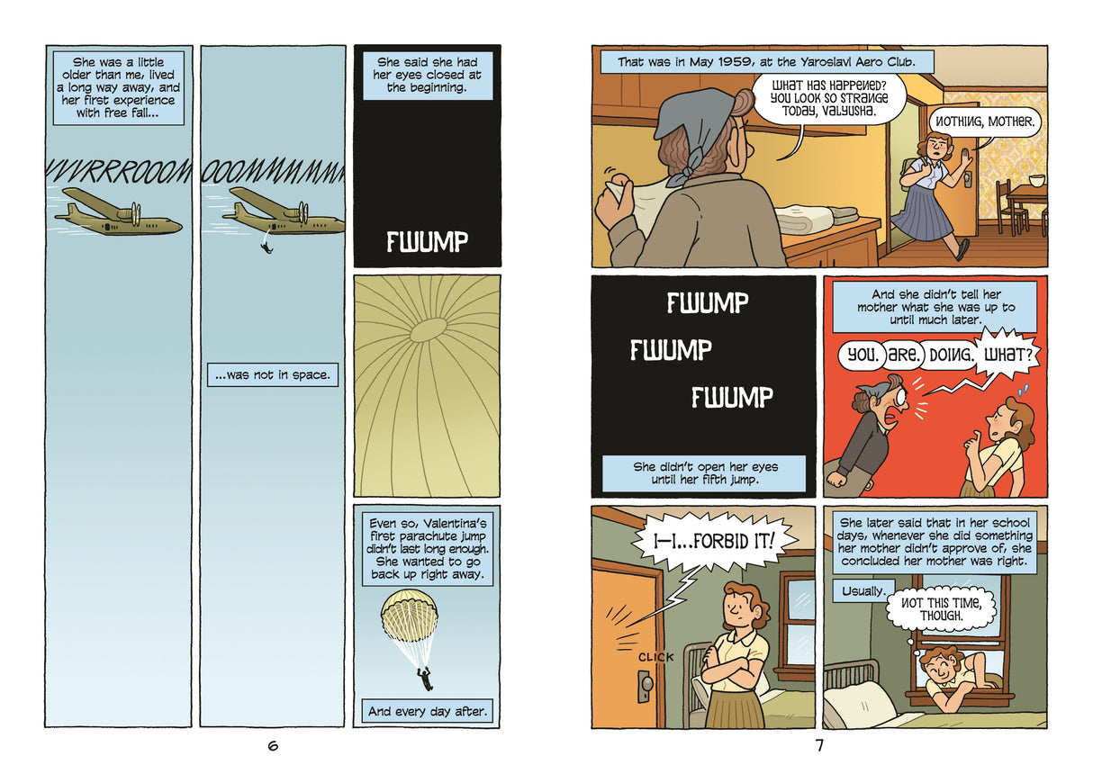 Astronauts graphic novel pages showing Valentina Tereshkova’s early skydiving and family moments before spaceflight.