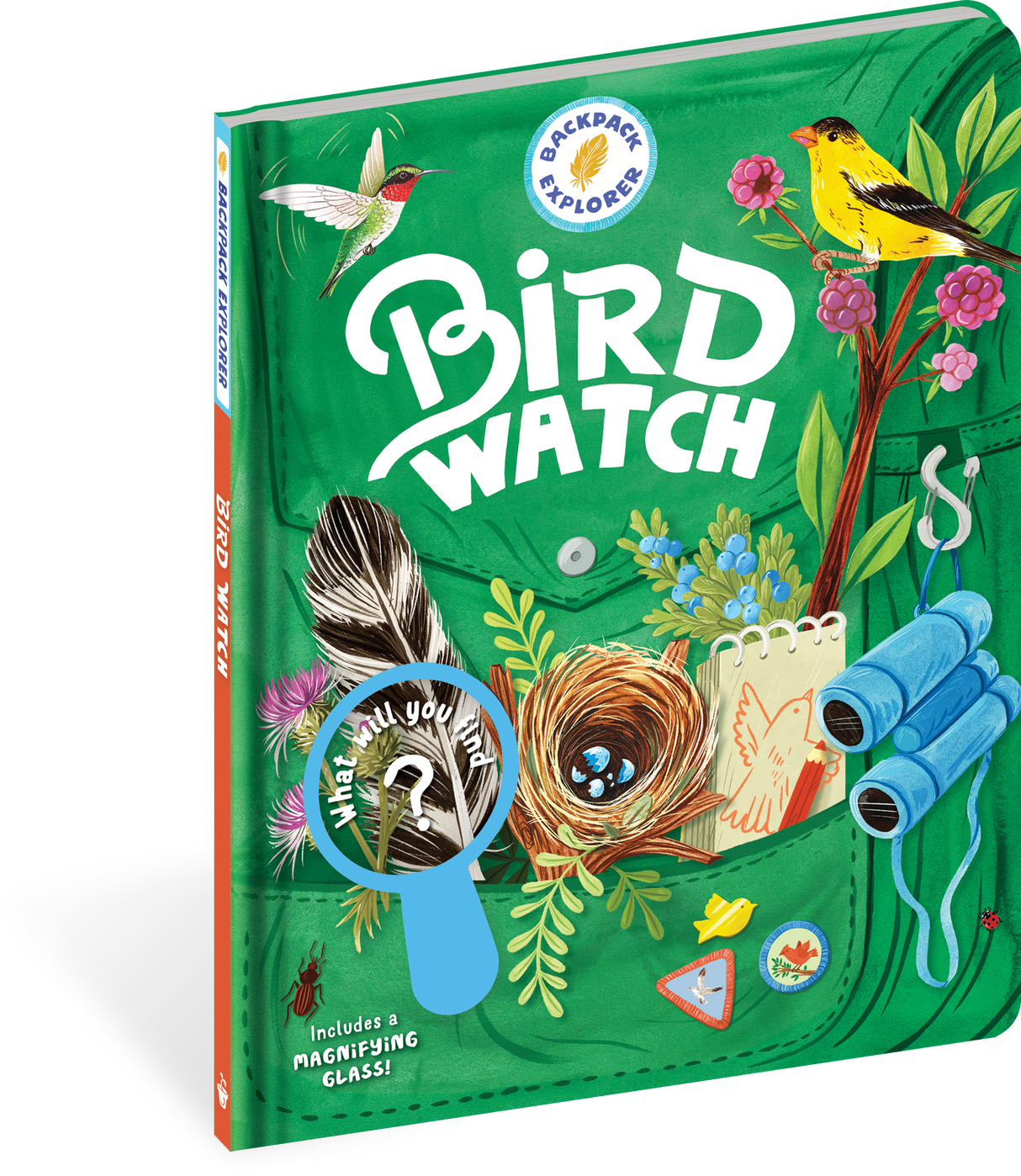 Backpack Explorer: Bird Watch book with bird illustrations, magnifying glass, binoculars, and nest on green cover.