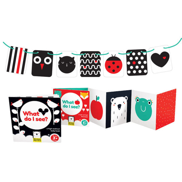 High Contrast Baby Pack with 7 double-sided cards and 2 accordion books for infant visual development and playroom decor.