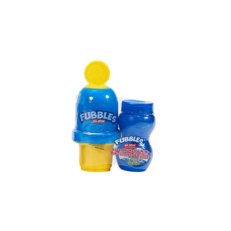 Fubbles | No-Spill Bubble Tumbler Mini in blue and yellow with wand and bubble solution for mess-free bubble play.