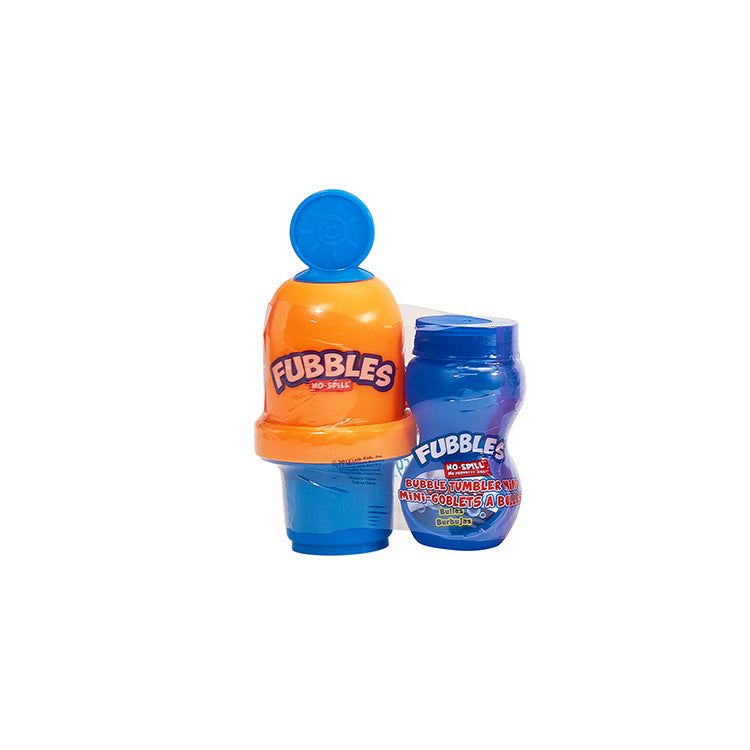 Fubbles | No-Spill Bubble Tumbler Mini in orange and blue with wand and bubble solution for mess-free play.