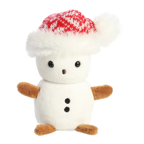 Snowman Marshmallow Lil Powder plush with twig arms and red patterned Santa hat, soft and cozy holiday friend.