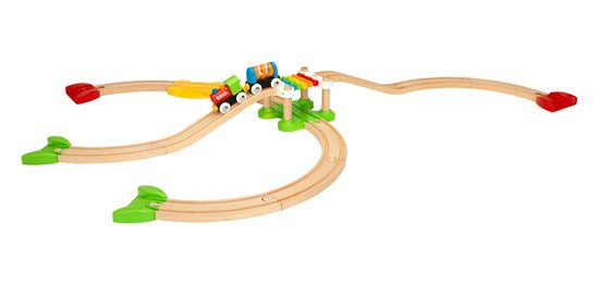 My First Railway Pack with colorful wooden train, suspension bridge, and expandable track for toddlers 18M+ playtime.