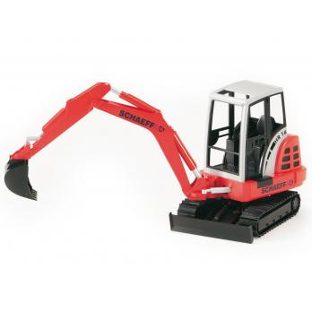 Schaeff HR16 Mini Excavator toy with fully functioning arm, adjustable plough blade, 360° rotating cab, and rubber tracks.