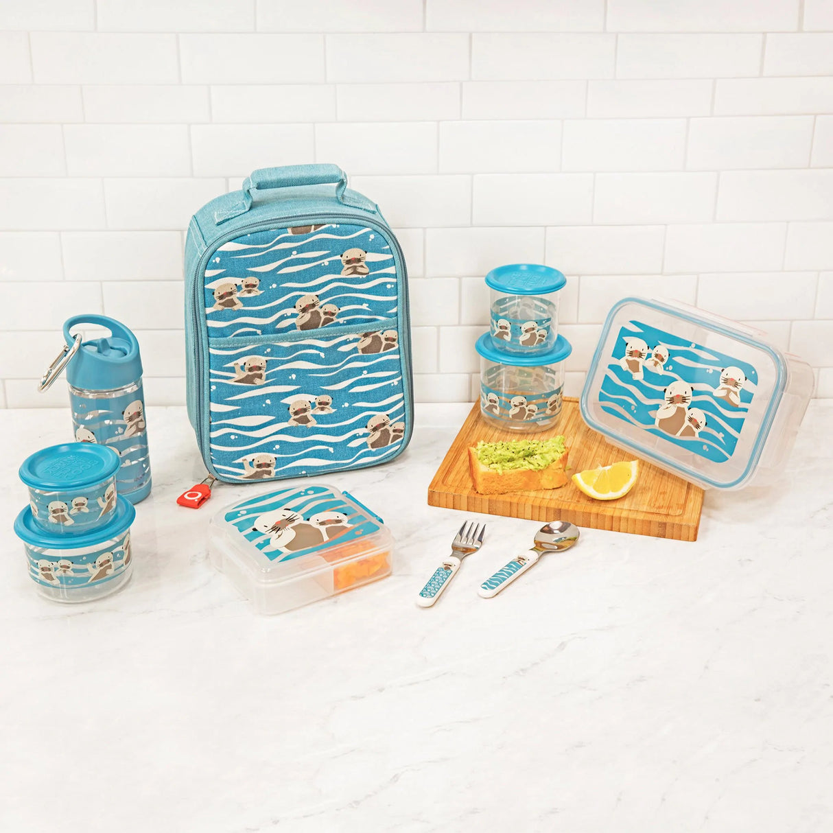 Silverware Set | Baby Otter with reusable case, fork, spoon, and otter design on blue background for kids.