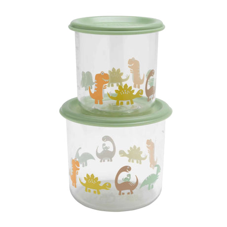 Good Lunch Snack Containers | Baby Dinosaur set of two clear, leak-proof containers with colorful dinosaur designs and green lids.
