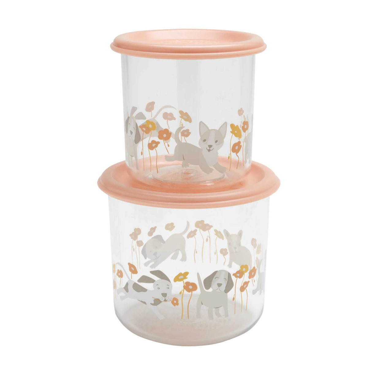 Good Lunch Snack Containers Puppies & Poppies with clear, durable design featuring puppies and poppies and airtight peach lids.