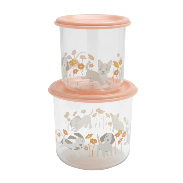 Good Lunch Snack Containers Puppies & Poppies with clear, durable design featuring puppies and poppies and airtight peach lids.