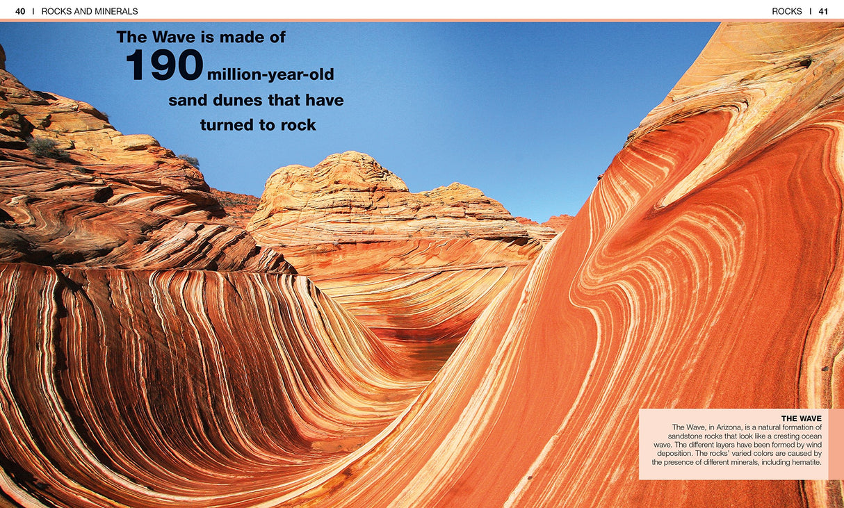 Pocket Genius Rocks & Minerals shows The Wave, a 190 million-year-old rock formation with swirling red and orange layers.