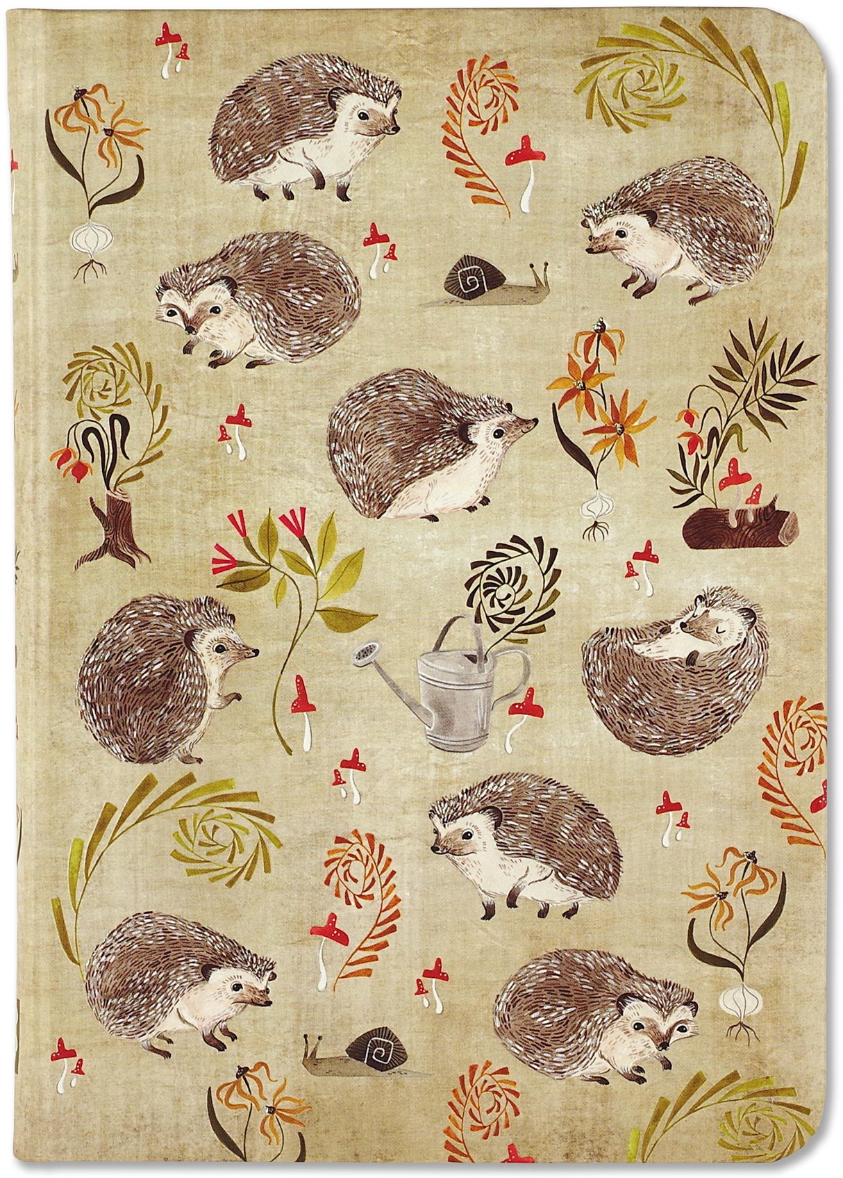 Hedgehogs Journal cover with charming hedgehog, snail, mushroom, and woodland illustrations on a matte background.