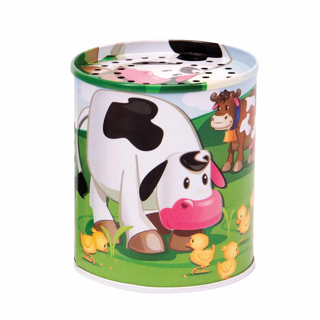 Animal Soundmaker tin toy with a cow and chicks design that plays farm animal sounds when tipped over.