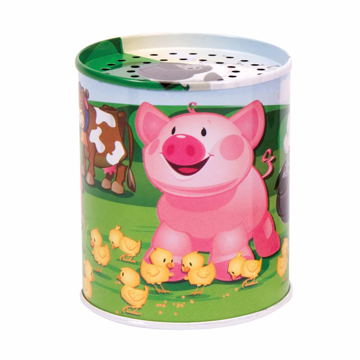 Animal Soundmaker tin with pig and chicks, tip to hear fun farm animal sounds for toddlers 18 months and up.
