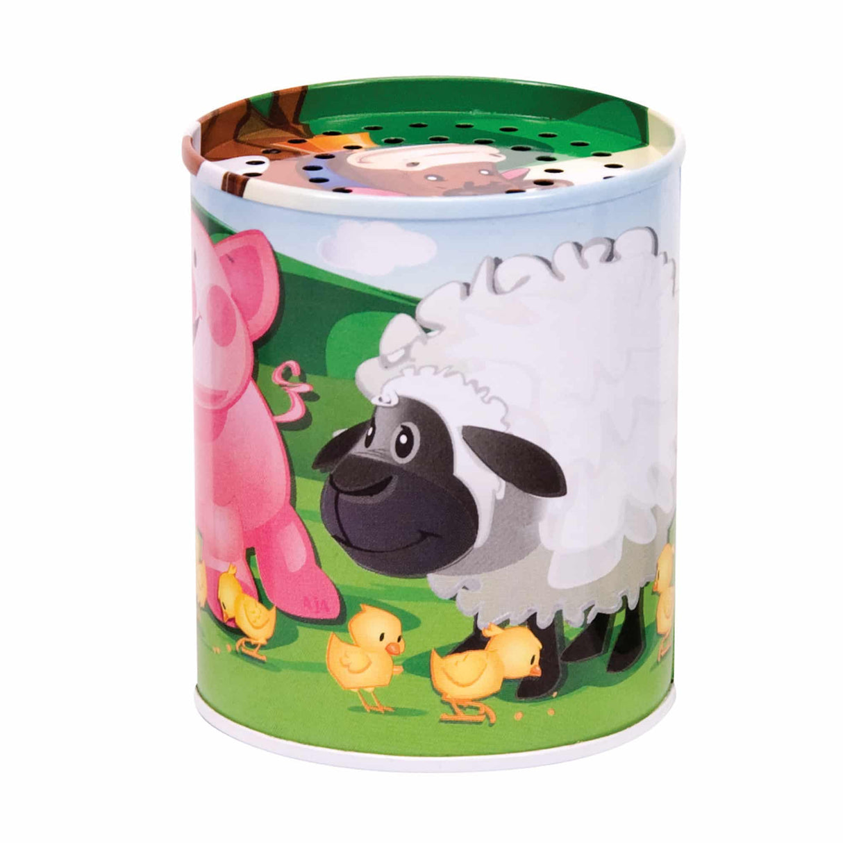 Animal Soundmaker tin with farm animals including a sheep, pig, and chicks that plays sounds when tipped.