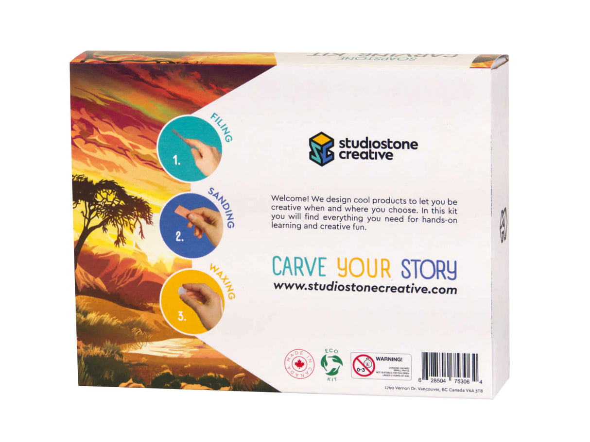Soapstone Carving Kit | Elephant box showing filing, sanding, waxing steps and studio stone creative branding.