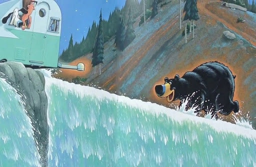 Illustration of Mr. Magee and Dee near a waterfall with a bear in the forest from Camping Spree With Mr Magee.