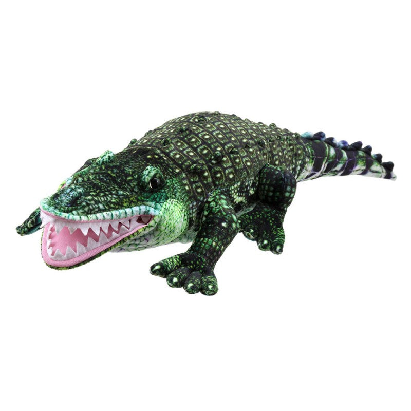 Alligator Puppet with a friendly snappy mouth, soft teeth, and detailed green scales, perfect for children aged 1 and up.