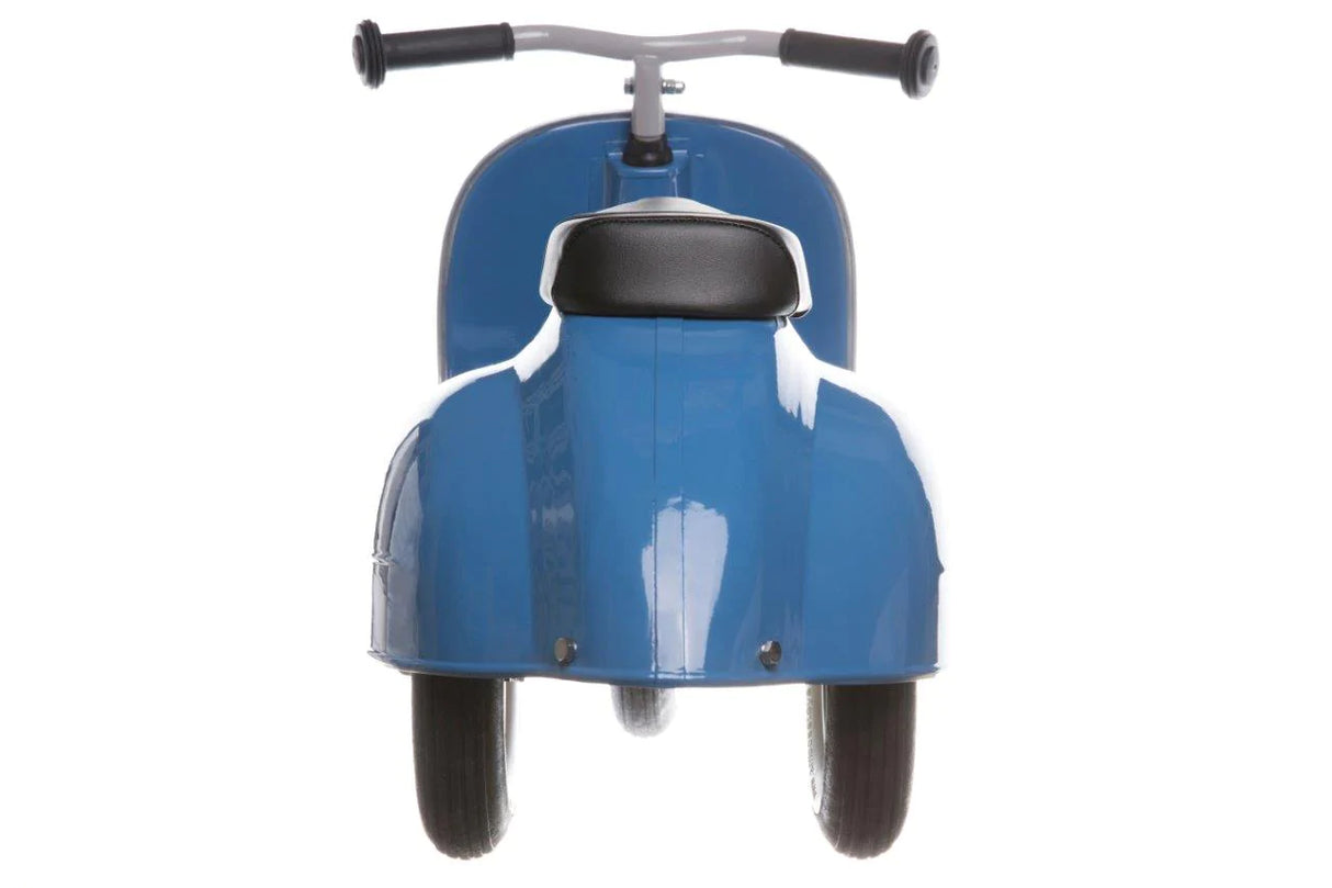 Primo Ride On Blue toddler scooter with durable metal frame, black seat, and grey handlebars, designed for kids aged 1 to 5 years.