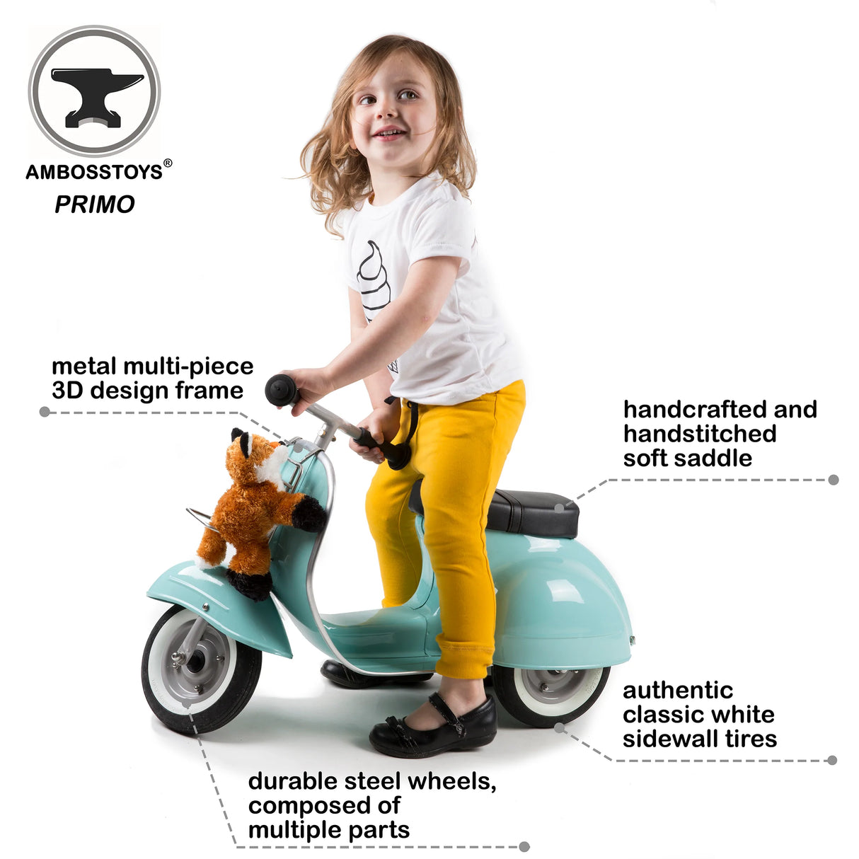 Child riding a Primo Ride On Mint scooter with durable metal frame and classic white sidewall tires for toddlers.