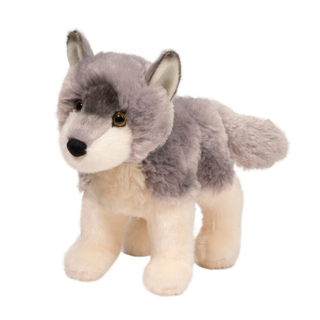 Wolf Ashes plush toy standing, soft gray and cream fur, 7.5 inches long for wildlife lovers' adventures.