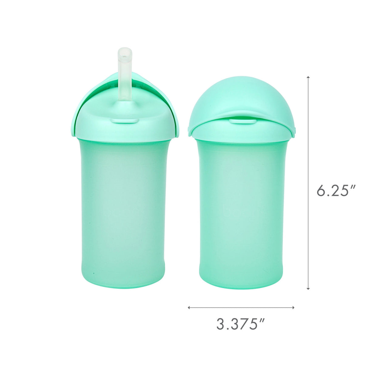 SWIG Sippy Cup Mint showing front and back views with silicone straw, rotating cover, and dimensions 6.25 by 3.375 inches.