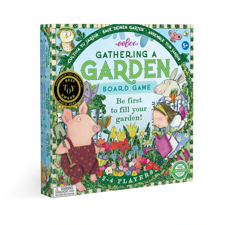 Gathering A Garden board game box featuring colorful garden illustrations and characters for 2-4 players ages 5 and up.