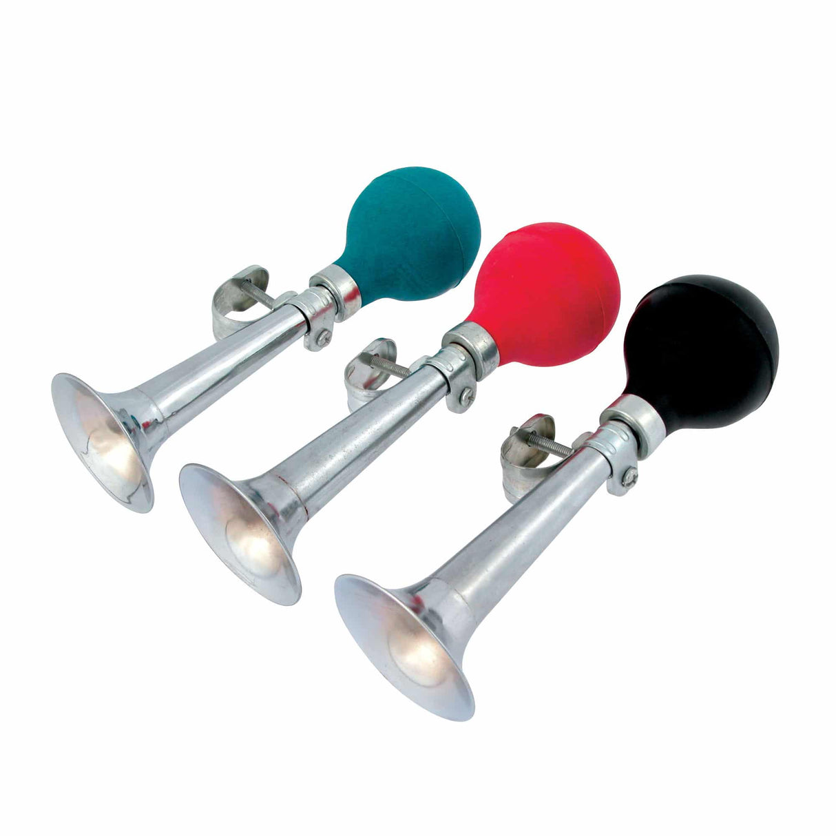 Three Bike Horns with colorful rubber bulbs and metal horns, designed to fasten easily to bike handlebars.