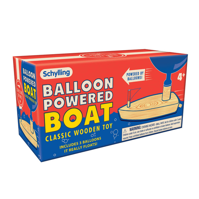 Schylling Balloon Powered Boat wooden toy with 3 balloons, floats and moves using escaping air, for ages 4 and up.