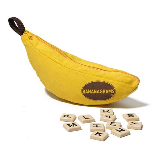 Bananagrams word game in a yellow banana-shaped pouch with letter tiles for quick crossword building fun.