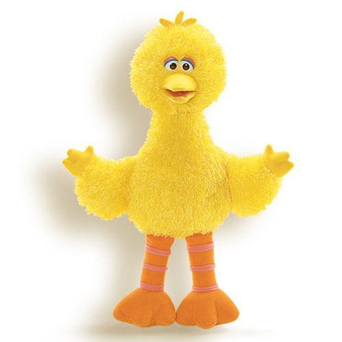 Big Bird plush toy with soft yellow fur and orange striped feet, 14 inches tall, perfect for cuddling and playtime.