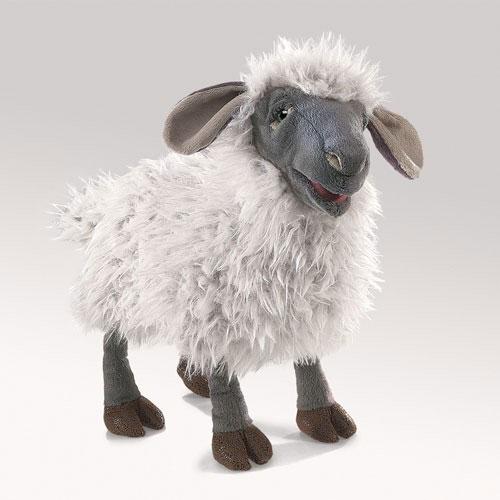 Bleating Sheep Puppet with soft silvery fleece and comical face ready to bleat when squeezed, 15 inches long.