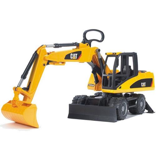 CAT Wheeled Excavator toy with movable boom, shovel, stabilizer legs, and tread tyres for realistic play and transport.