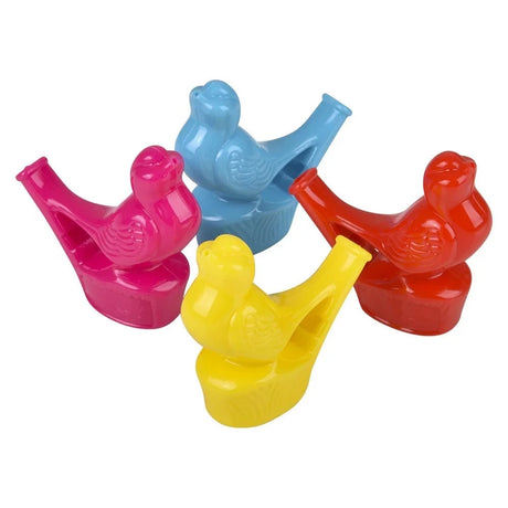 Assorted colorful Bird Whistle toys shaped like birds, approximately 2 inches, fun for ages 3 and up.