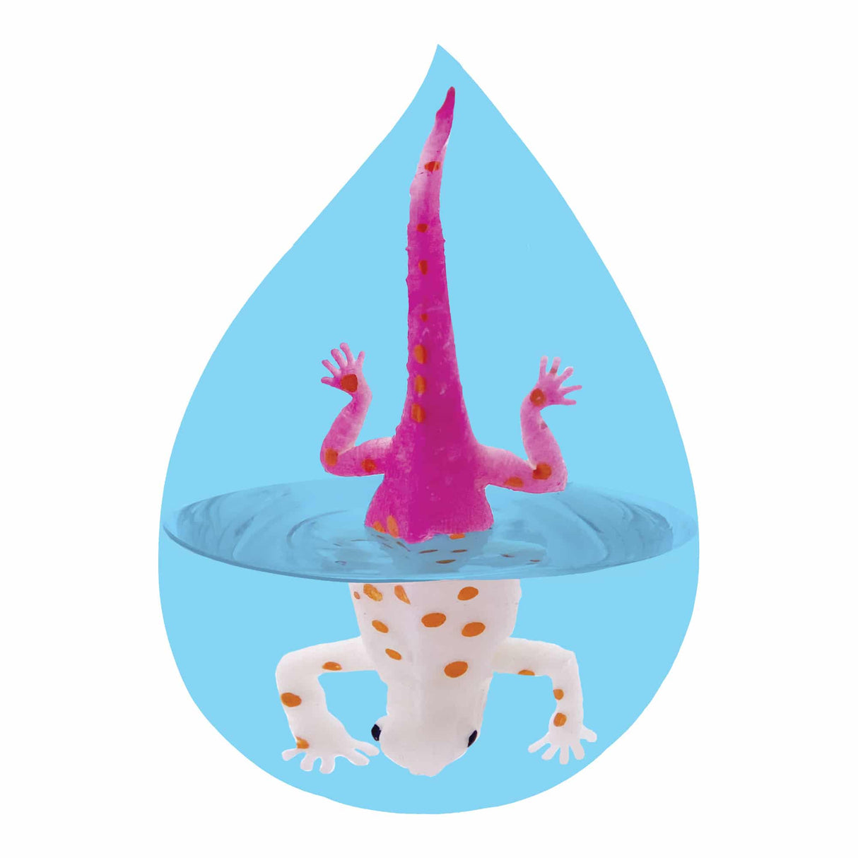 Color Changing Revealeons toy half submerged in water changing from white with orange spots to pink with orange spots.