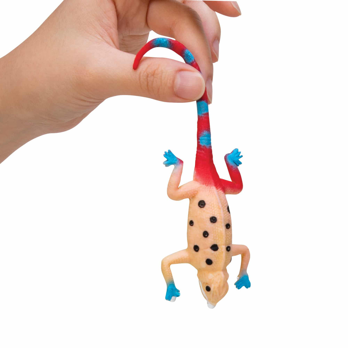 Hand holding a Color Changing Revealeons toy lizard with red, blue, and beige colors changing on its body and tail.