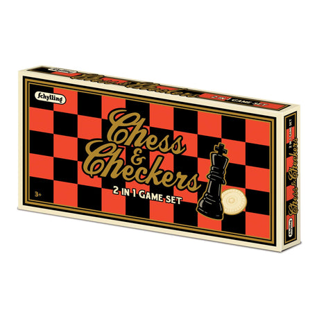 Chess & Checkers Set box with red and black checkered design, featuring chess king and checkers piece illustrations.
