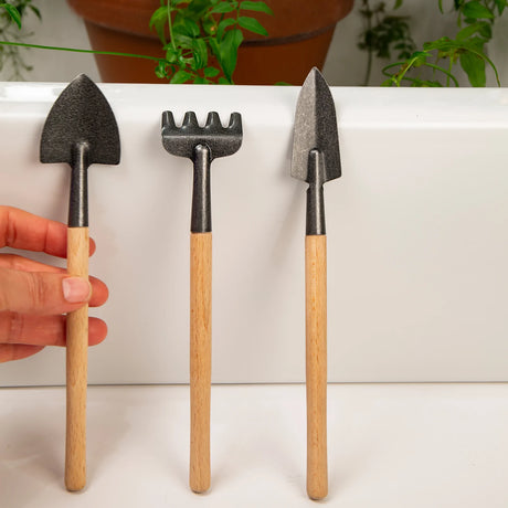Mini Garden Tool Set with three compact stone wash tools and beechwood handles for indoor gardening.