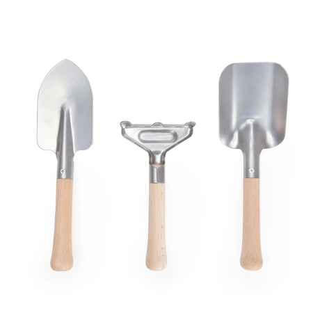 Gardening Tool Set with wooden handles and metal finish rake, spade, and shovel perfect for small gardens.