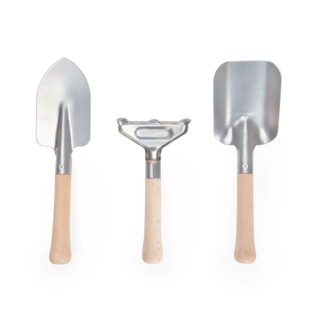 Gardening Tool Set with wooden handles and metal finish rake, spade, and shovel perfect for small gardens.