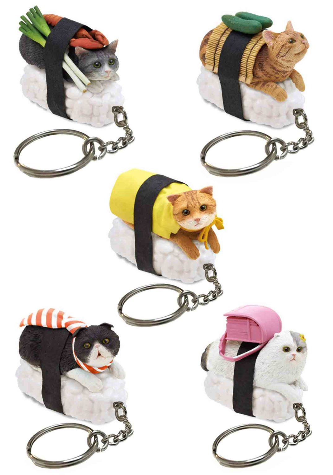 Sushi Cat Version 1 keychains featuring five adorable cats dressed as sushi pieces on rice bases with seaweed wraps.