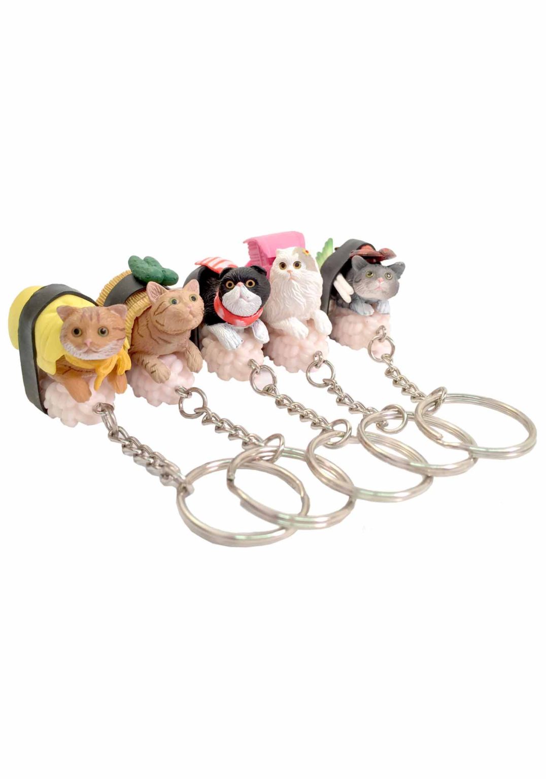 Sushi Cat Version 1 keychains featuring five cute cats dressed as different sushi pieces in a fun collectible set.