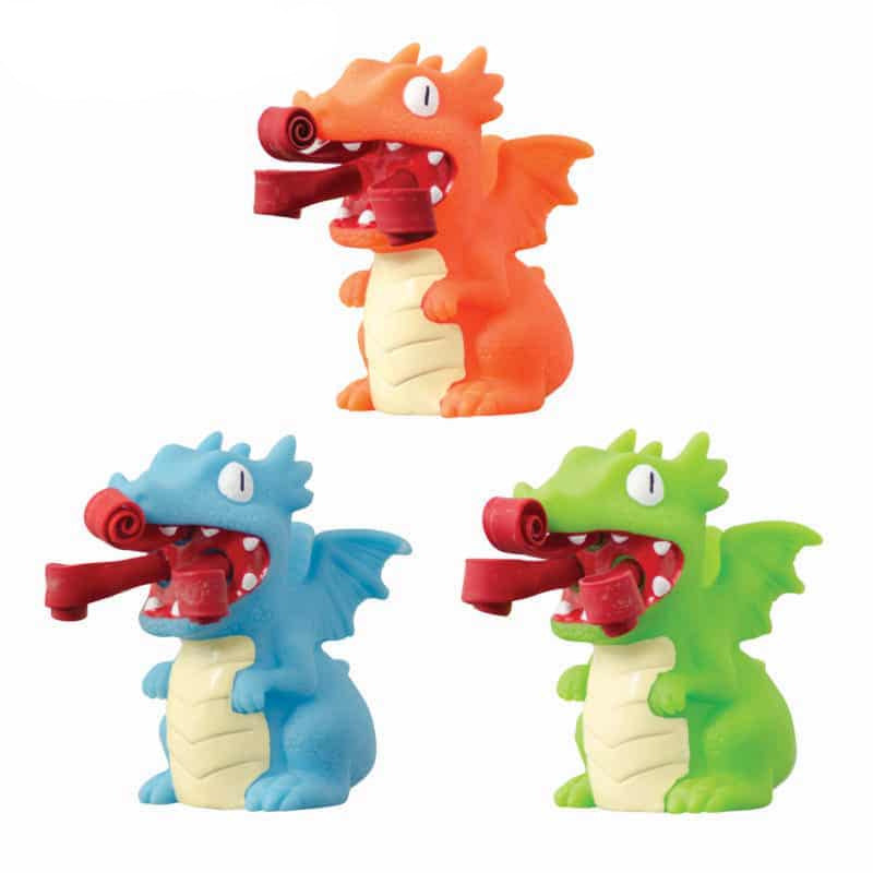 Curly Pop Dragon toys in orange, blue, and green with flame popper, 3 inches tall, fun squeeze toy for ages 5 and up.