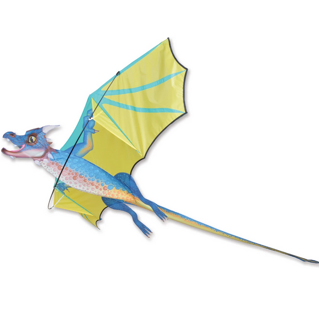 3D Kite | Stormcloud Dragon with blue and yellow dragon design, polyester fabric, fiberglass frame, and included 300 ft line and winder.