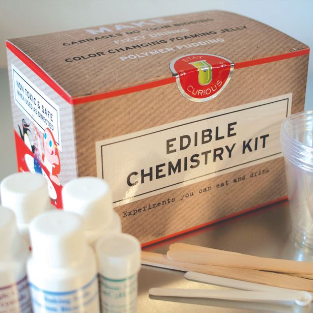 Edible Chemistry Kit with safe, non-toxic materials for fun edible science experiments and color changing foaming jelly.