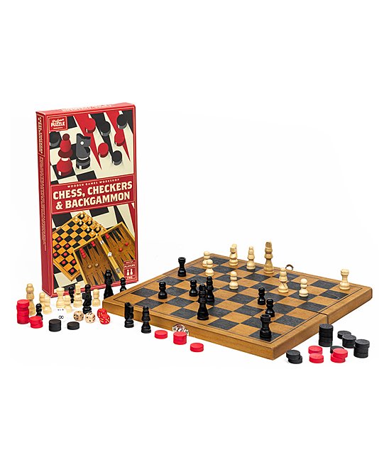 Chess Checkers & Backgammon wooden board game set with pieces and dice for classic 2 player games and family fun.