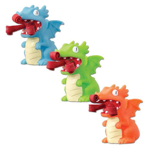 Curly Pop Dragon toys in blue, green, and orange with flames popping from their mouths, 3 inches tall, ages 5 and up.