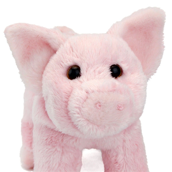 Close-up of Pig Buttons plush toy showing soft pink fur, large ears, curly tail, and lifelike brown eyes.